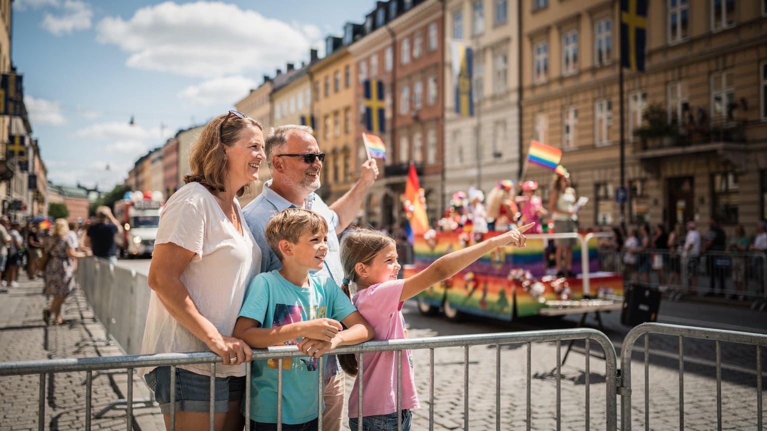 En familj på fyra, två vuxna och två barn i åldrarna 8 och 11, tittar på en Pride-parad i centrala Stockholm. Barnen håller i små regnbågsflaggor och de vuxna ler. Atmosfären är festlig och full av glädje.