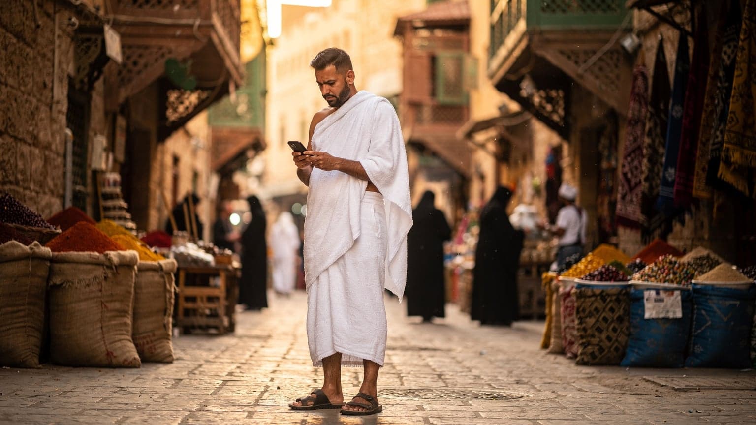 A pilgrim in traditional attire checking their phone for directions in a bustling marketplace in Jeddah, Saudi Arabia, with historical architecture in the background.