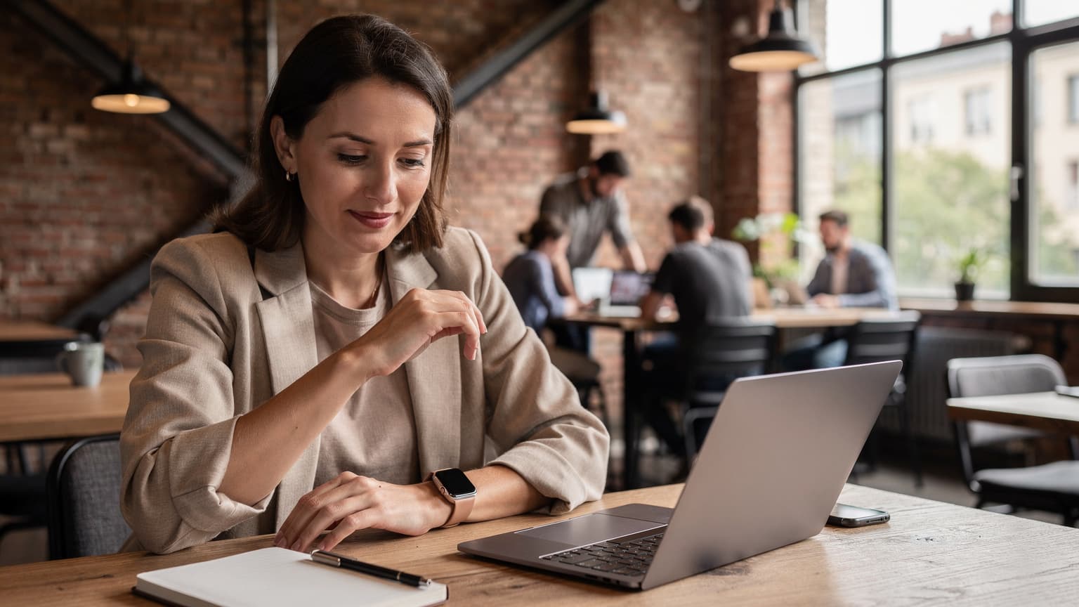 Eine Person mit einer Apple Watch am Handgelenk, die im Café 'The Factory Berlin Görlitzer Park' sitzt und eine Tasse Kaffee trinkt, während sie auf die Uhr schaut.