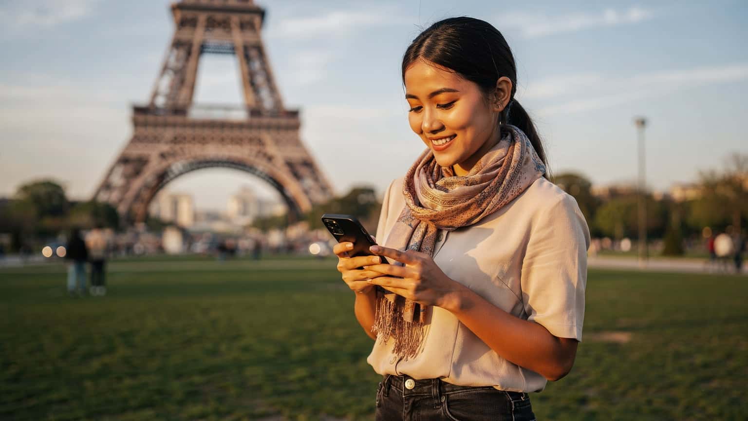 Seorang wanita tersenyum sambil memegang ponselnya di depan Menara Eiffel di Paris, menikmati koneksi internet yang lancar saat bepergian.