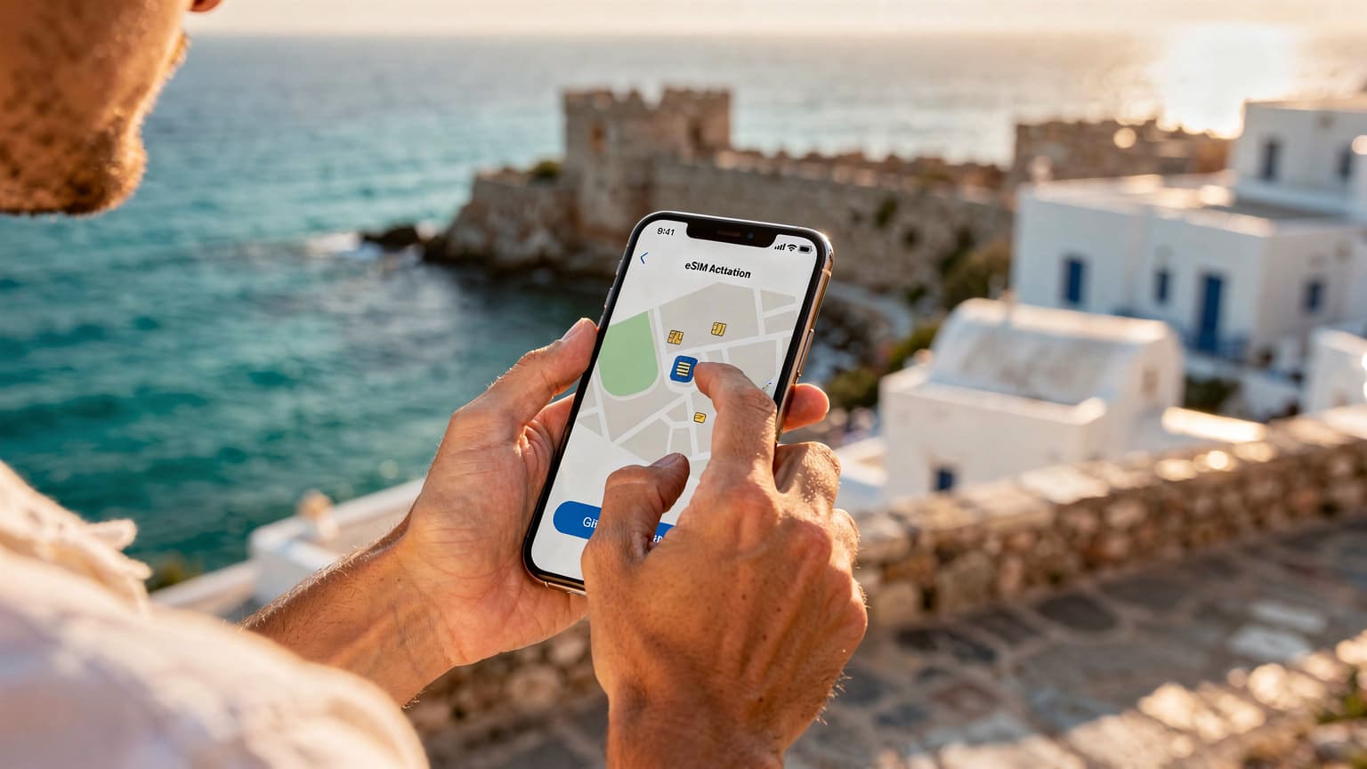 A photorealistic hero image for a travel tech magazine, featuring hands holding a smartphone against a sun-drenched backdrop of a Greek or Bulgarian coastal summer vacation, symbolizing effortless connectivity.
