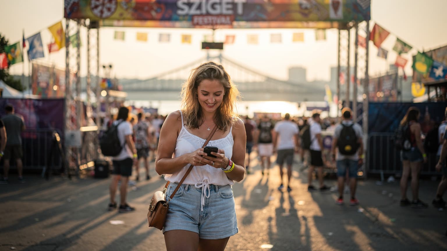 O tânără zâmbitoare, cu telefonul în mână, verificând un mesaj într-o mulțime vibrantă, la intrarea principală a Festivalului Sziget din Budapesta, cu podul iconic pe fundal la apus.