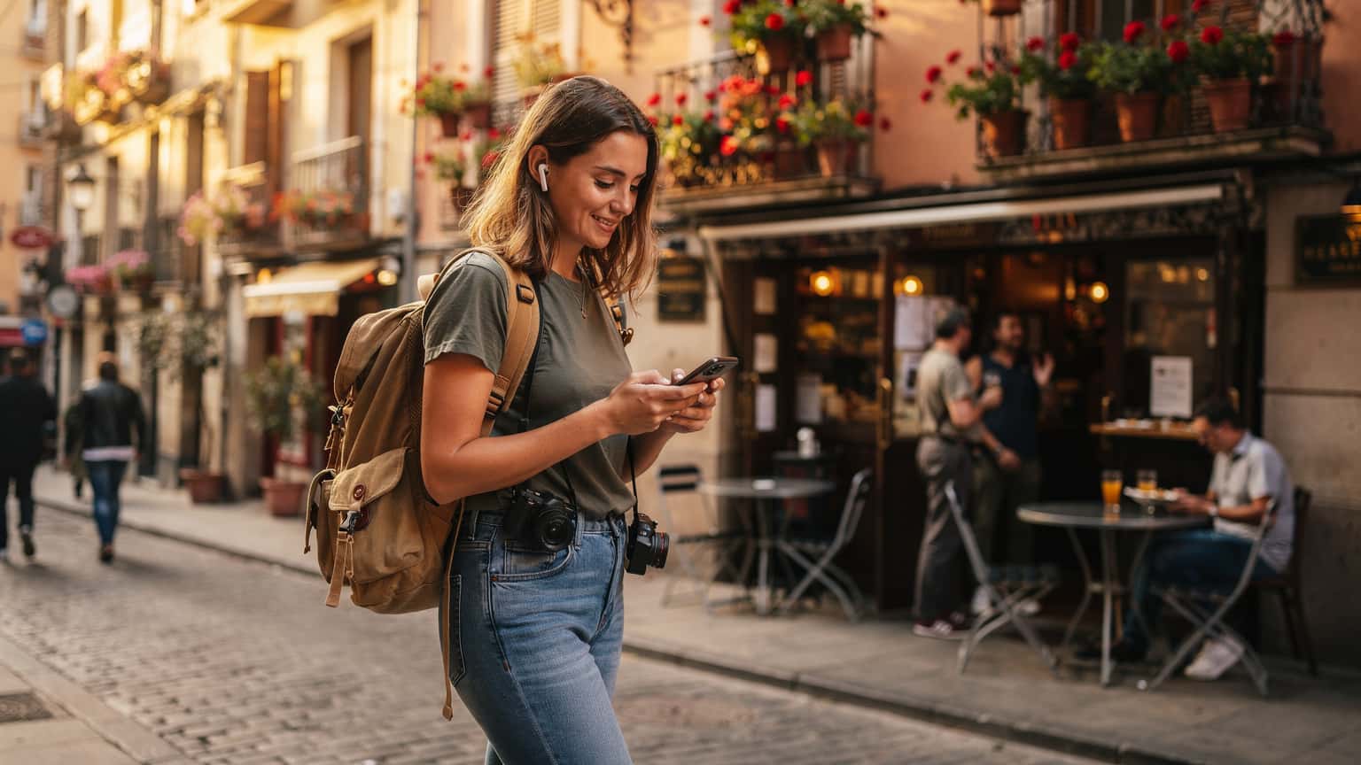 Una mujer joven con una mochila, mirando su smartphone con una expresión de satisfacción mientras camina por el barrio de La Latina en Madrid, con coloridos balcones y bares de tapas de fondo.