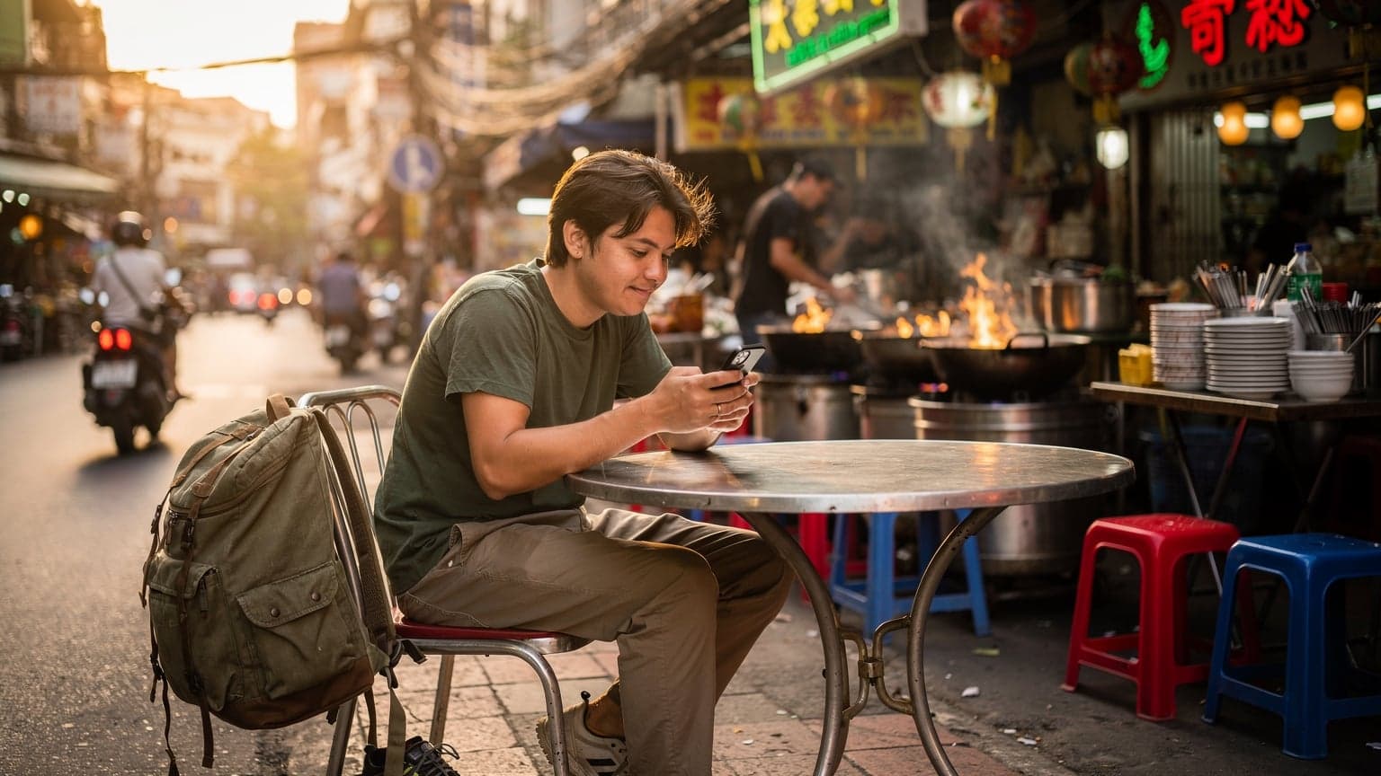 A backpacker checks their iPhone for eSIM activation while sitting at a bustling street food stall in Bangkok, Thailand, with steam rising from woks in the background.