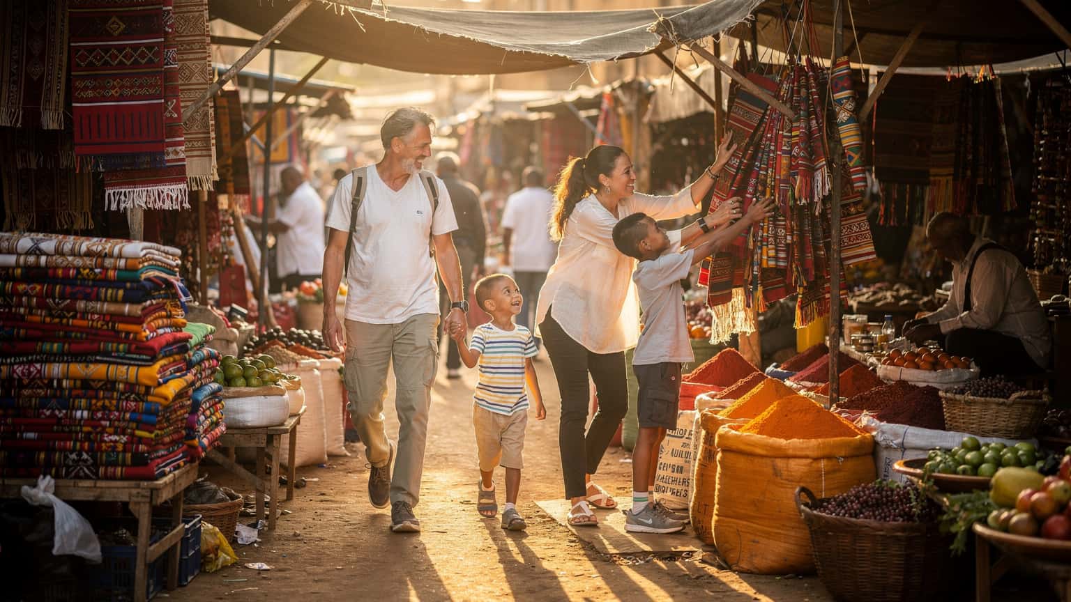 A family with two children, aged around 8 and 10, walking through a bustling market in Addis Ababa, Ethiopia, with vibrant fabrics and spices visible, under a warm, late afternoon sun.