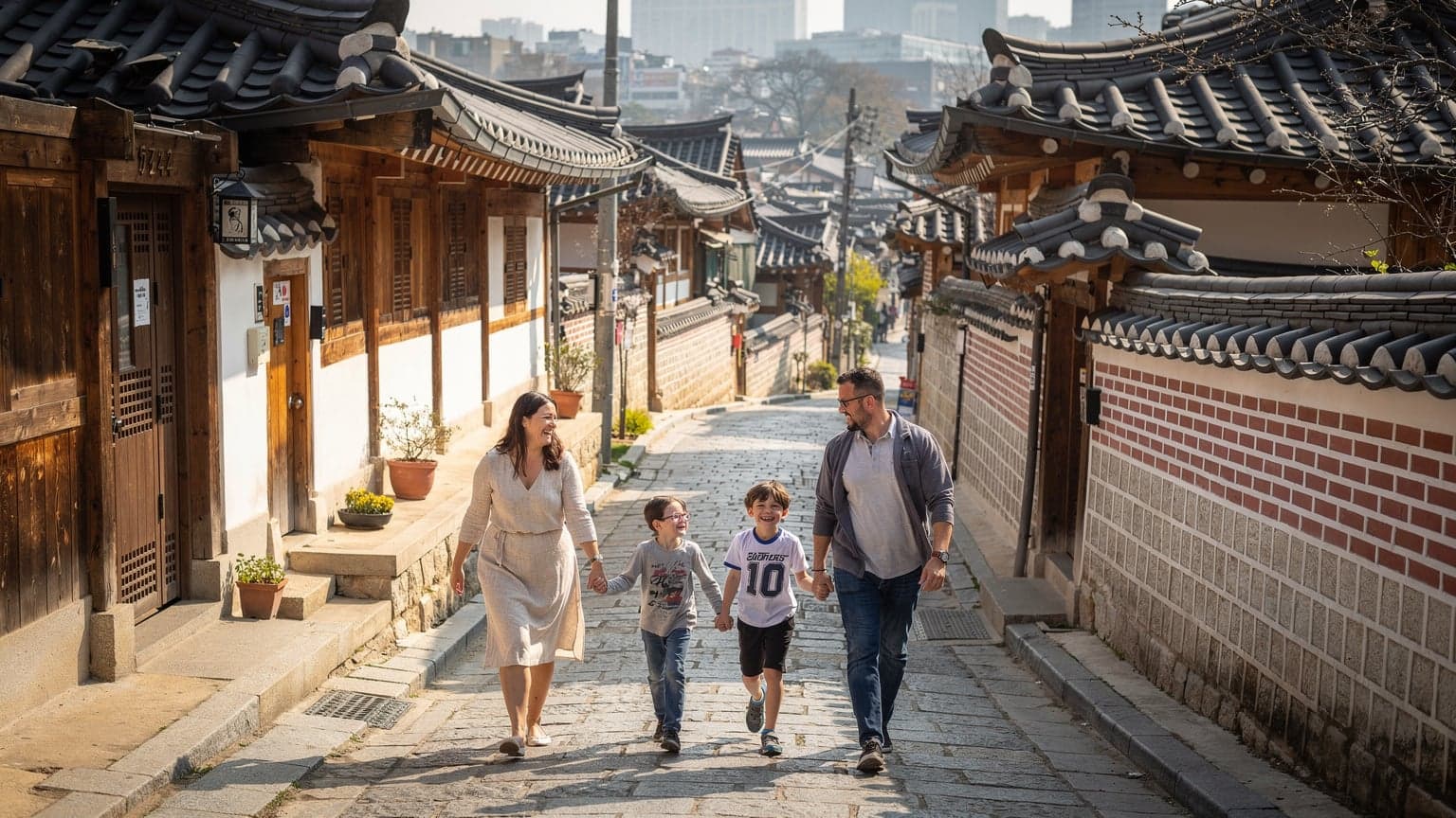 Una famiglia italiana, genitori e due bambini di 8 e 10 anni, cammina sorridente mano nella mano attraverso il colorato villaggio di Bukchon Hanok a Seul, Corea del Sud, in una luminosa giornata di sole primaverile.