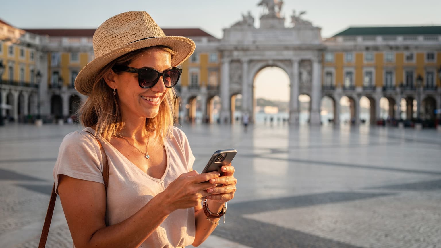 Uma mulher sorridente, com cabelos castanhos claros, usando um chapéu de palha e óculos de sol, segura um smartphone enquanto navega por um mapa digital na Praça do Comércio, em Lisboa, ao pôr do sol.
