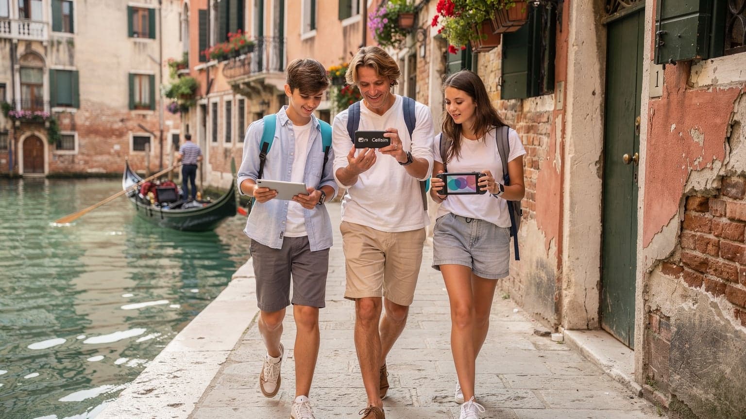 Una famiglia, due genitori e due adolescenti, sorride mentre cammina lungo una fondamenta a Venezia, con canali e gondole sullo sfondo, in una giornata di sole durante il Festival del Cinema.