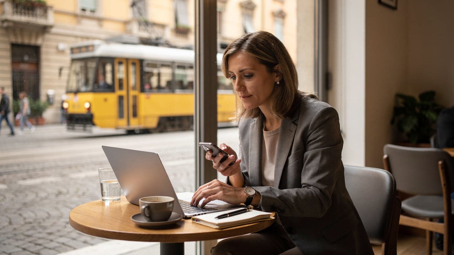 Una donna che lavora al laptop mentre tiene il telefono con una mano, seduta al tavolino di un caffè moderno nel quartiere Isola di Milano, con un tram che passa sullo sfondo.