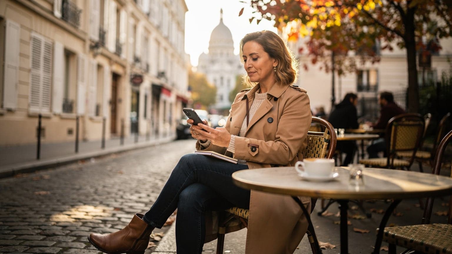 Een vrouw bladert op haar smartphone door een digitale kaart terwijl ze op een terrasje in de wijk Montmartre in Parijs zit, met de Sacré-Cœur op de achtergrond.