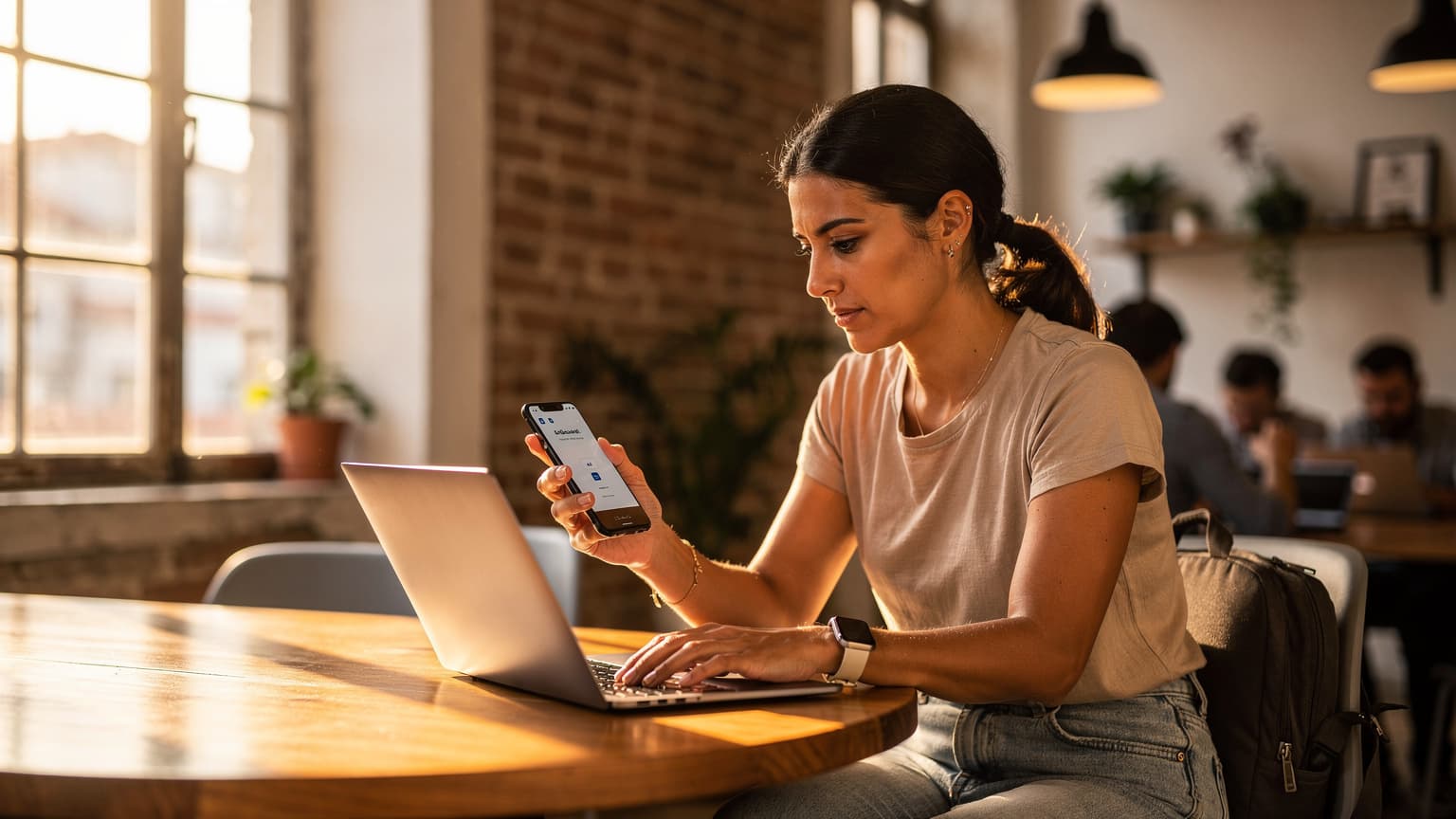 A woman with a laptop and phone, setting up an eSIM, sitting at a sunlit wooden table inside a bustling co-working space in Lisbon's Chiado district.