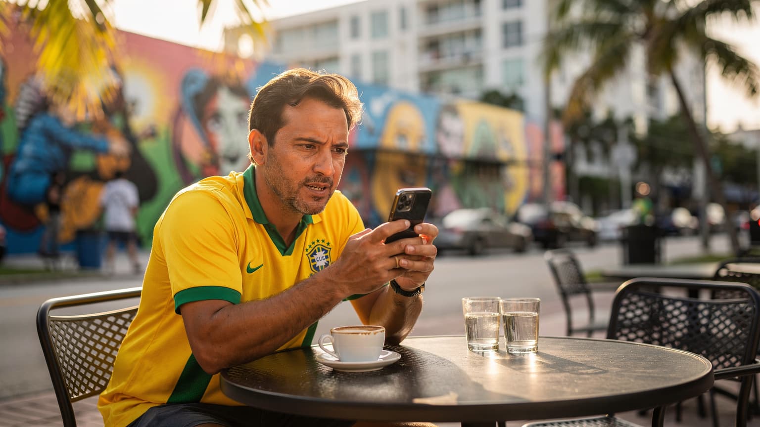 Um torcedor brasileiro, vestindo a camisa da seleção, segura um smartphone exibindo um placar de futebol enquanto está sentado em um café movimentado em Miami, com arranha-céus ao fundo.