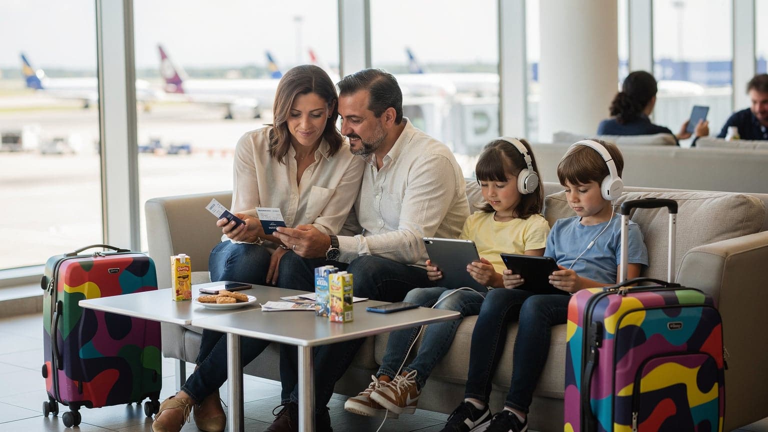 Una famiglia italiana, padre, madre e due bambini, seduta comodamente in un'area lounge di un aeroporto di Milano, i bambini sono intenti a guardare cartoni animati su un tablet mentre i genitori consultano gli smartphone, con valigie colorate in primo piano.
