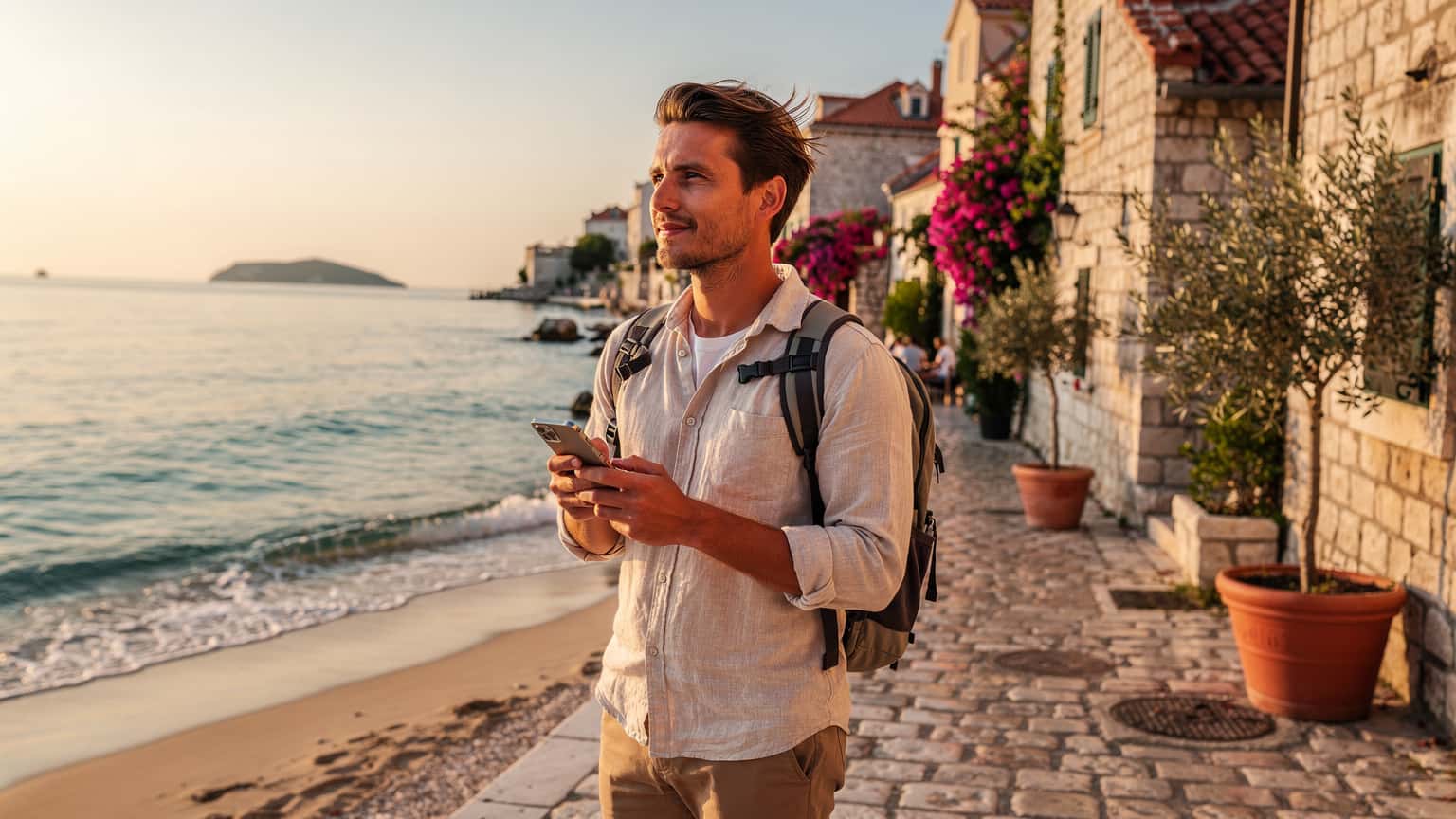 A traveler uses a smartphone on a vibrant Croatian beach with a historic town in the background, symbolizing seamless mobile data connectivity for travel.