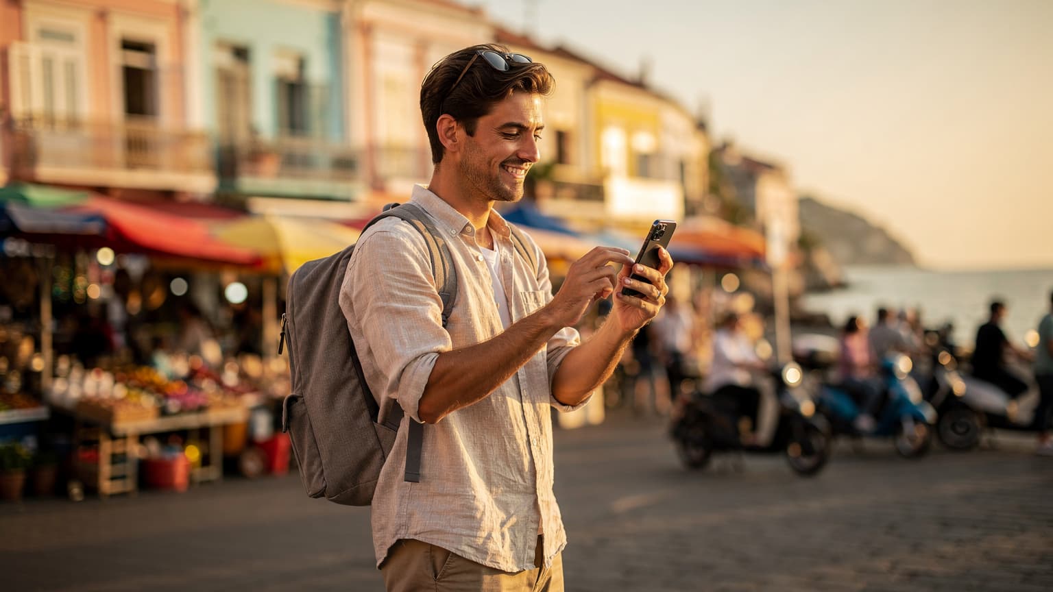 A traveler uses an iPhone 12 in a sun-drenched foreign city, illustrating mobile connectivity abroad.