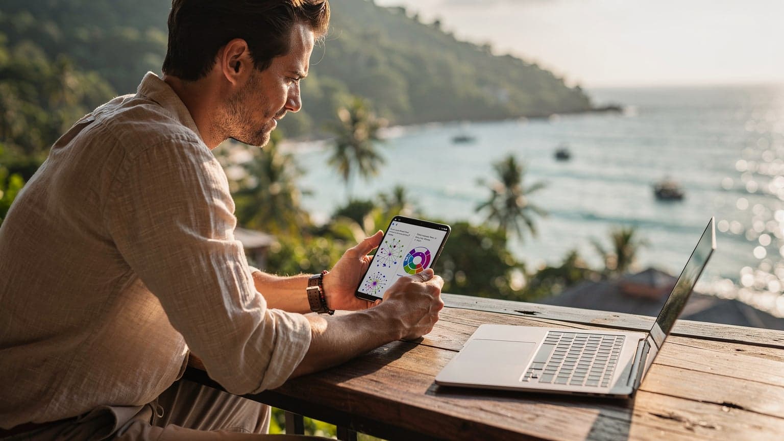 A digital nomad sits on a balcony overlooking a coastal landscape, looking at a smartphone displaying abstract data network options, with a laptop nearby. The scene is sun-drenched, conveying travel and technology.