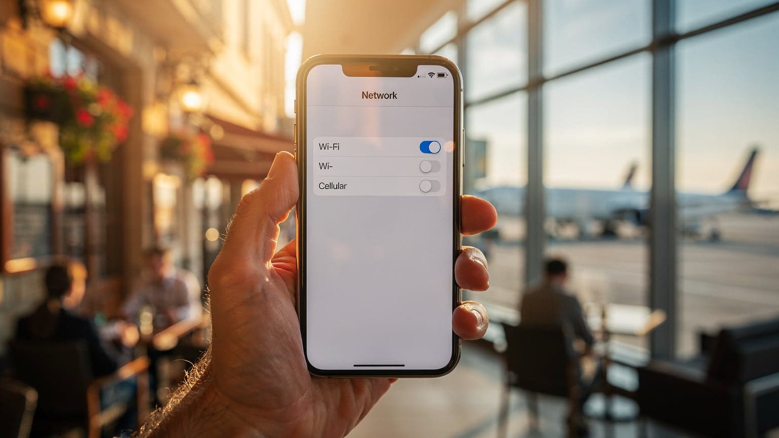 A close-up of a hand holding a modern iPhone, set against a blurred, sunlit travel background, conveying the concept of using a phone while traveling or unlocking features like eSIM.