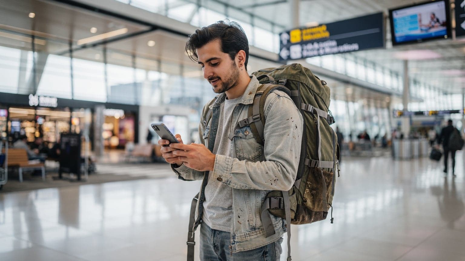 İstanbul Havalimanı'nda, pasaport kontrolünden geçmiş, elinde akıllı telefonuyla Cellesim uygulamasını açmış genç bir Türk gezgin, gelen WhatsApp mesajlarına bakıyor. Arka planda duty-free mağazaları ve hareketli bir atmosfer var.