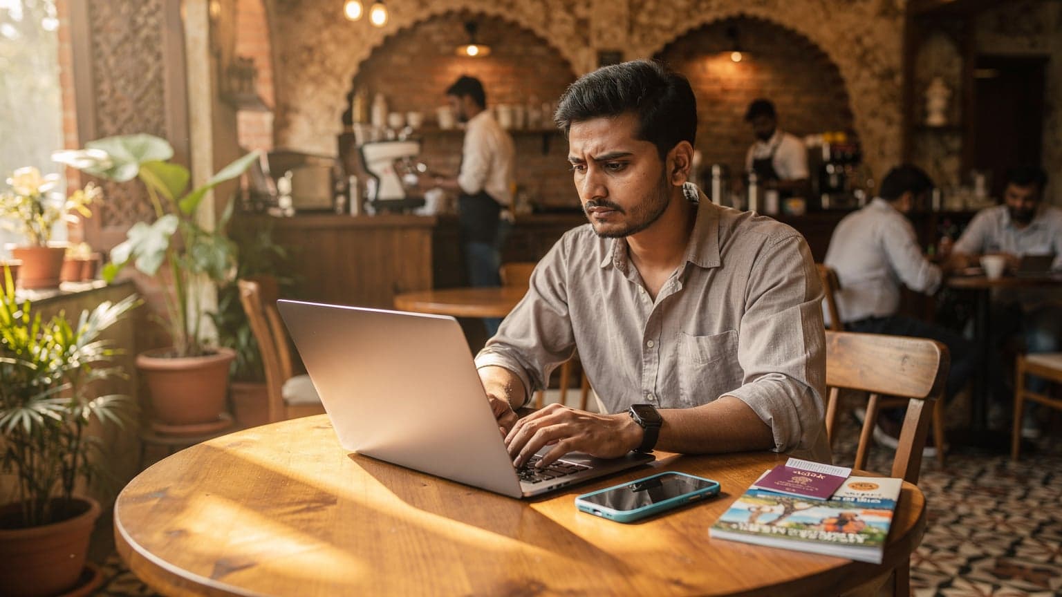 एक भारतीय व्यक्ति बेंगलुरु के किसी कैफे में लैपटॉप और फोन पर काम कर रहा है, उसके पास एक पासपोर्ट और यात्रा गाइड भी रखा है, जो विदेश यात्रा की तैयारी को दर्शाता है।