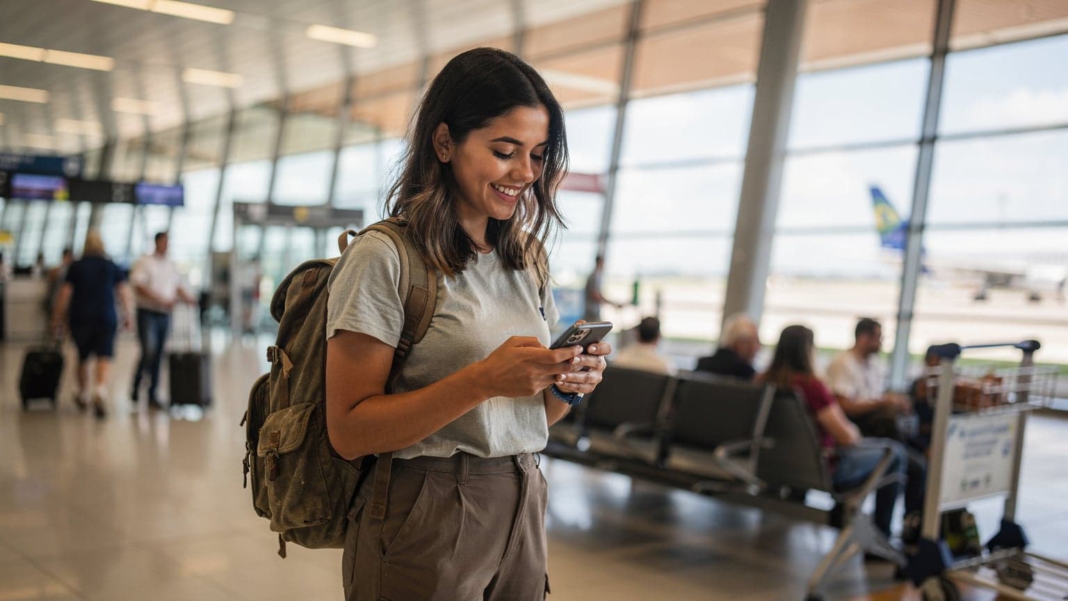 Uma mulher jovem, com aparência de mochileira, sorrindo enquanto segura seu iPhone, exibindo a tela com informações de eSIM, em um terminal de aeroporto movimentado no Brasil, com malas e outras pessoas ao fundo.