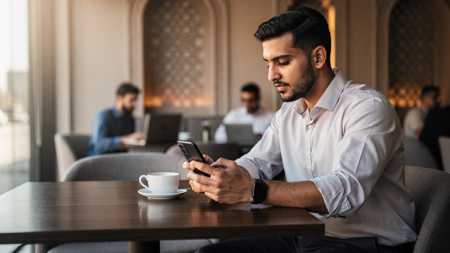 شاب سعودي يقوم بتفعيل شريحة eSIM على هاتفه الذكي في مقهى راقٍ بالرياض، مع وجود فنجان قهوة عربية ومخططات معمارية على الطاولة.