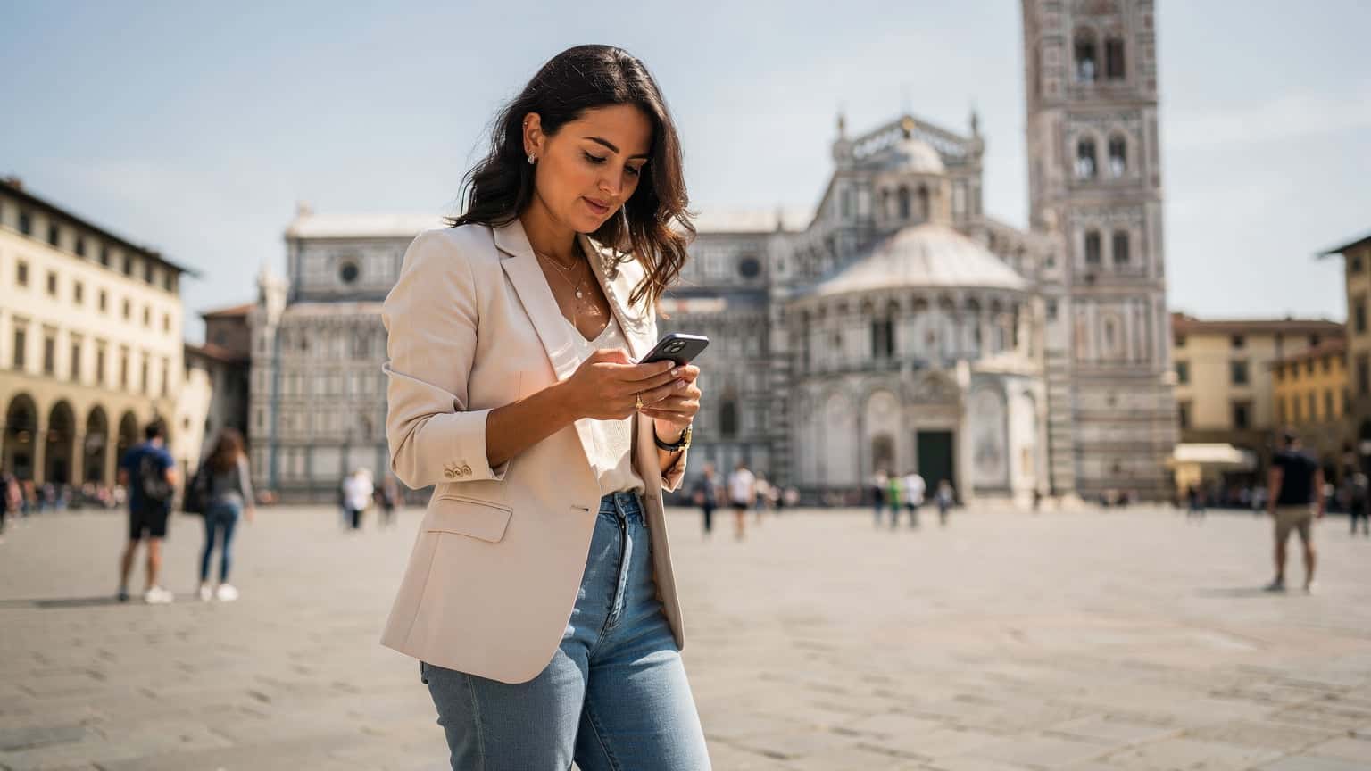 Una viaggiatrice italiana consulta il suo smartphone con una eSIM attiva mentre si trova nella piazza del Duomo di Firenze, con il Battistero sullo sfondo, in una mattinata soleggiata.