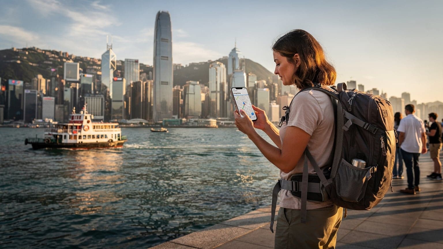 一名女性背包客在香港維多利亞港邊,一手拿著手機查看地圖,另一手扶著肩上的雙肩包,背景是高聳的城市天際線和穿梭的渡輪,陽光灑落在她身上。