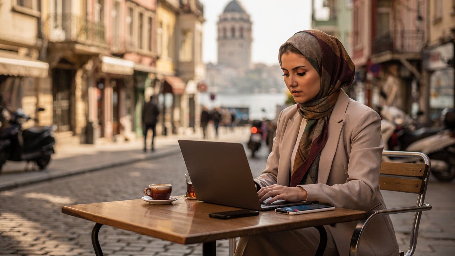 İstanbul'un Karaköy semtinde, Galata Kulesi manzaralı bir kafede, genç bir kadının dizüstü bilgisayarı ve akıllı telefonuyla çalışırken çekilmiş bir fotoğrafı. Masada bir fincan Türk kahvesi duruyor.