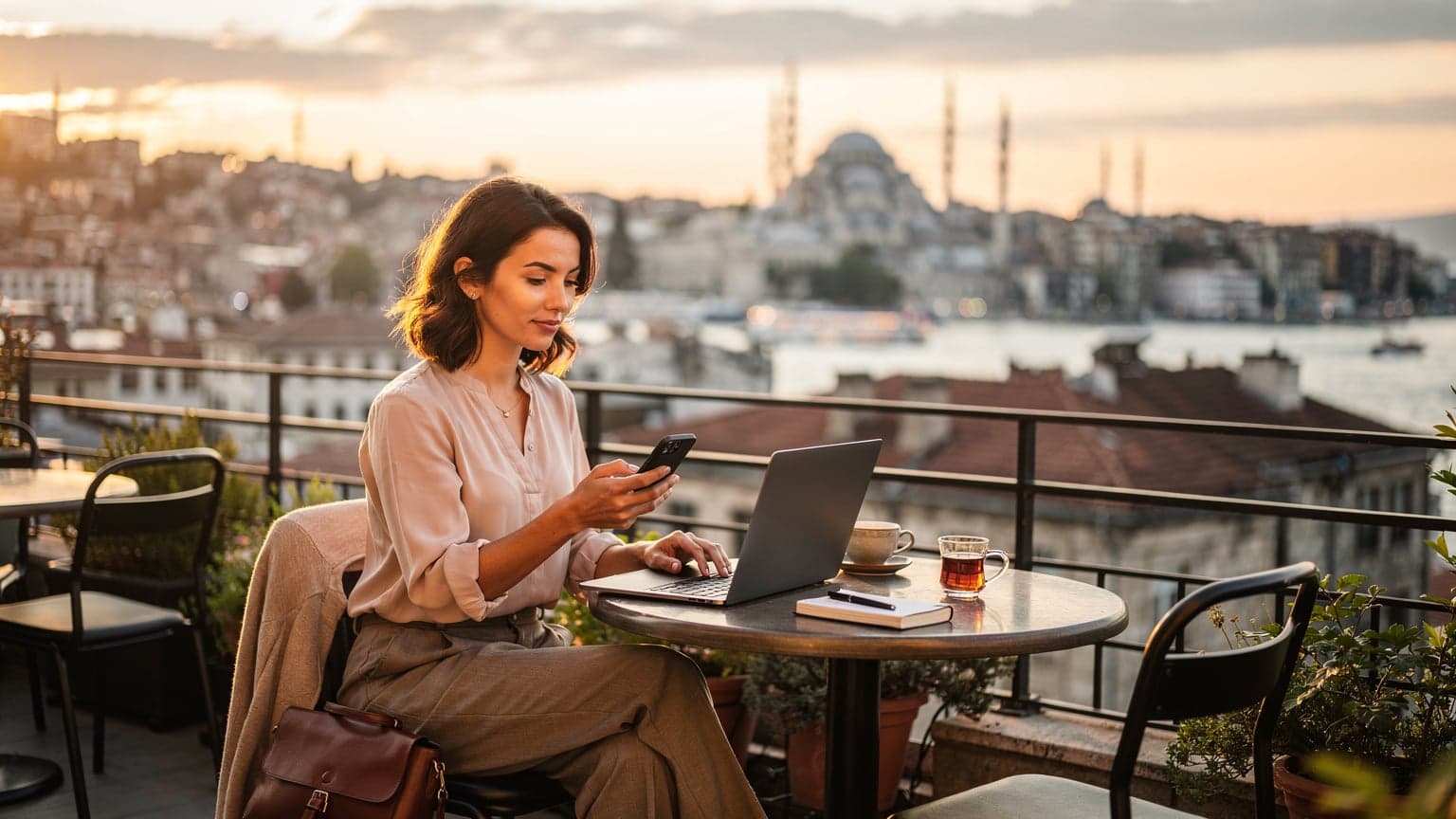 İstanbul'da tarihi yarımadanın üzerinde gün batımında bir kafede laptop ve telefonuna bakan genç bir kadın, arkasında Boğaz ve camiler görünüyor.