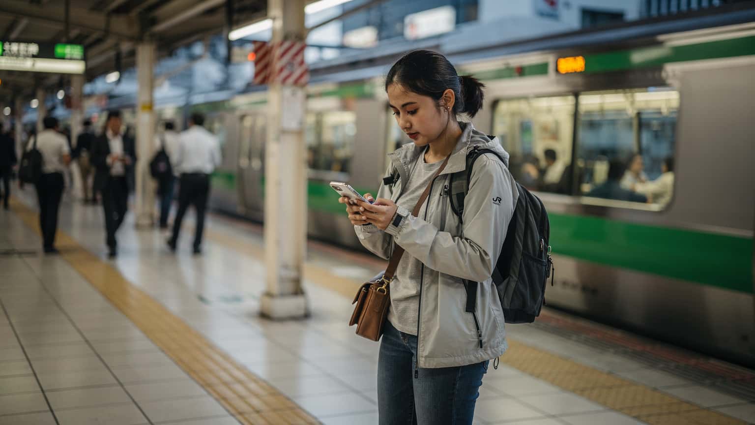 Seorang pengembara muda Malaysia sedang memeriksa telefon bimbitnya di platform Stesen Shinjuku yang sibuk, dengan tren JR Yamanote berwarna hijau kelihatan di latar belakang, pada waktu pagi yang cerah.