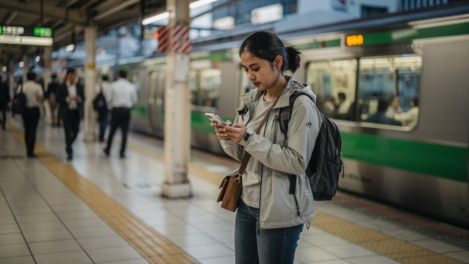 Seorang pengembara muda Malaysia sedang memeriksa telefon bimbitnya di platform Stesen Shinjuku yang sibuk, dengan tren JR Yamanote berwarna hijau kelihatan di latar belakang, pada waktu pagi yang cerah.