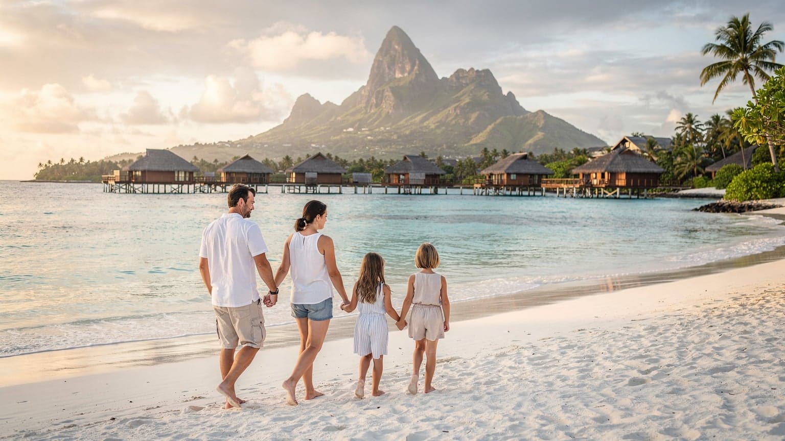 A family with two children, aged 8 and 10, standing on a pristine white sand beach in Bora Bora, French Polynesia, looking out at the turquoise lagoon with overwater bungalows in the distance.