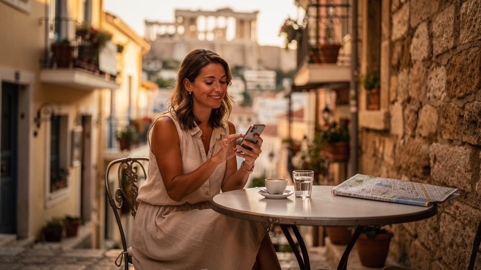 En kvinna sitter vid ett cafébord i en solig gränd i Plaka, Aten, sippar på en Frappé och tittar på sin telefon, med Akropolis i bakgrunden.