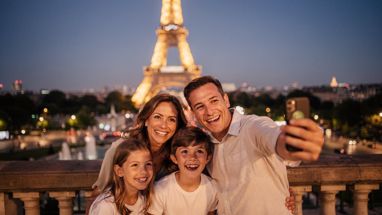 A family laughing and taking a selfie in front of the Eiffel Tower, with parents holding phones and children smiling widely, during a warm summer evening.
