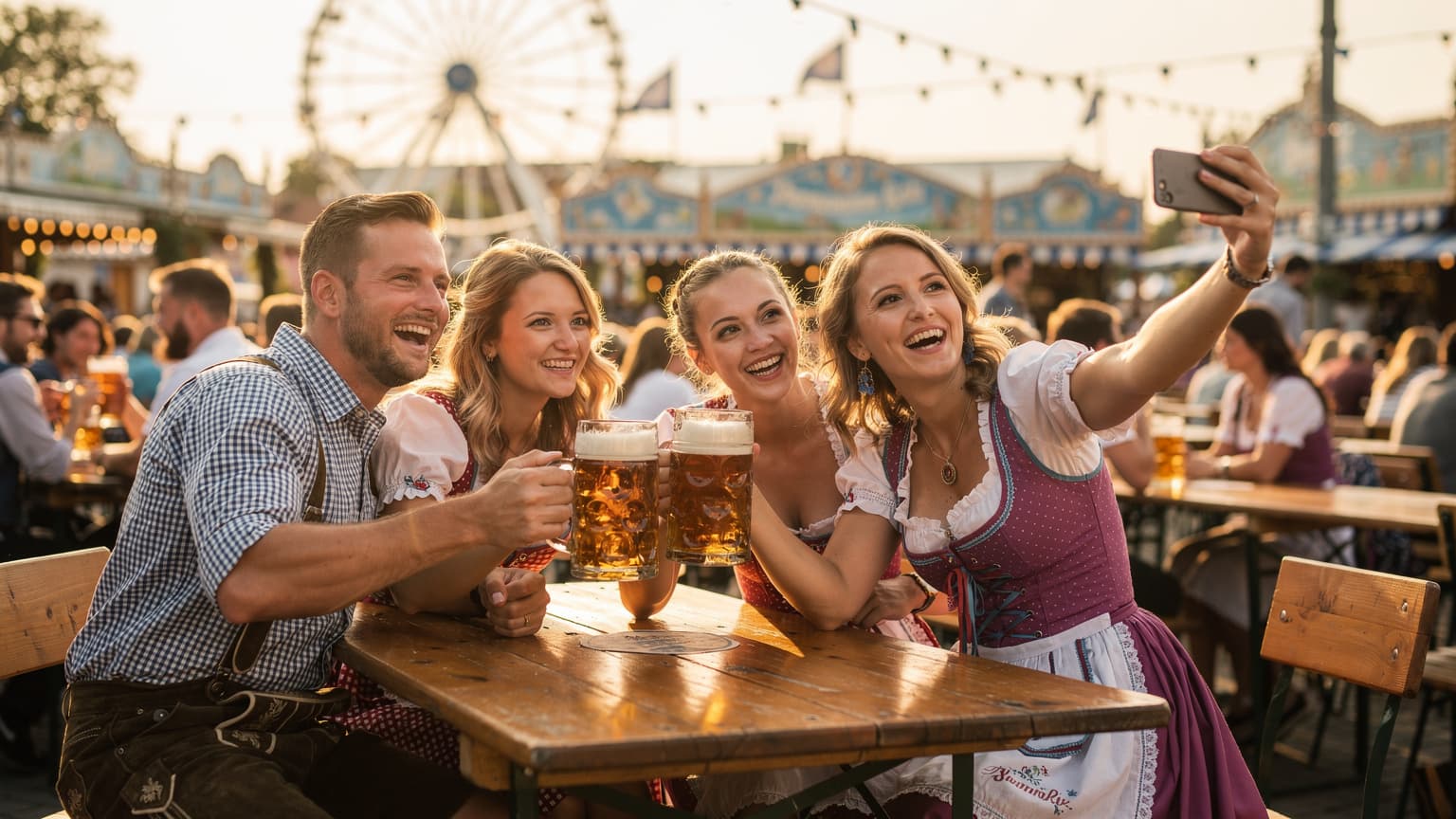 A group of friends in traditional Bavarian attire, holding steins of beer, smiling and taking a selfie with a smartphone at a crowded beer garden during Oktoberfest in Munich, with historical buildings in the background.