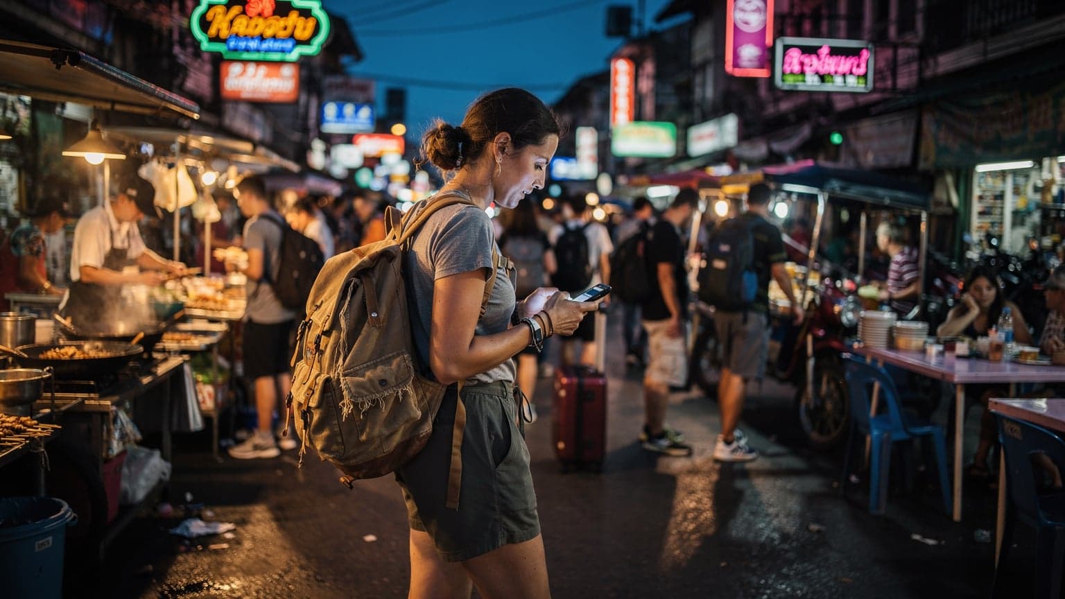Tayland'ın hareketli Khao San Yolu'nda, neon ışıkların altında bir dijital göçebe, akıllı telefonunda rota kontrolü yapıyor, etrafında sokak satıcıları ve yerel halk var.