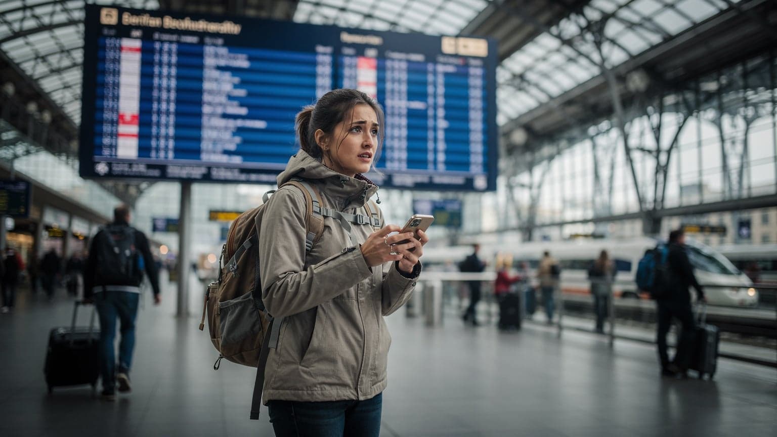 A young female backpacker with a phone in her hand, looking up at a train station departure board in Berlin's Hauptbahnhof, with a slight look of concern on her face as she checks her eSIM connectivity.