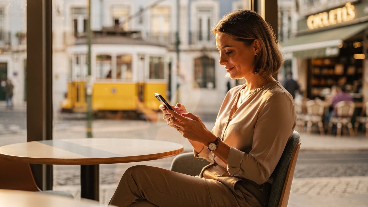 A woman confidently navigating her smartphone for eSIM activation while seated at a communal table in a bustling co-working space in Lisbon, with a pastelaria and old trams visible outside the window.
