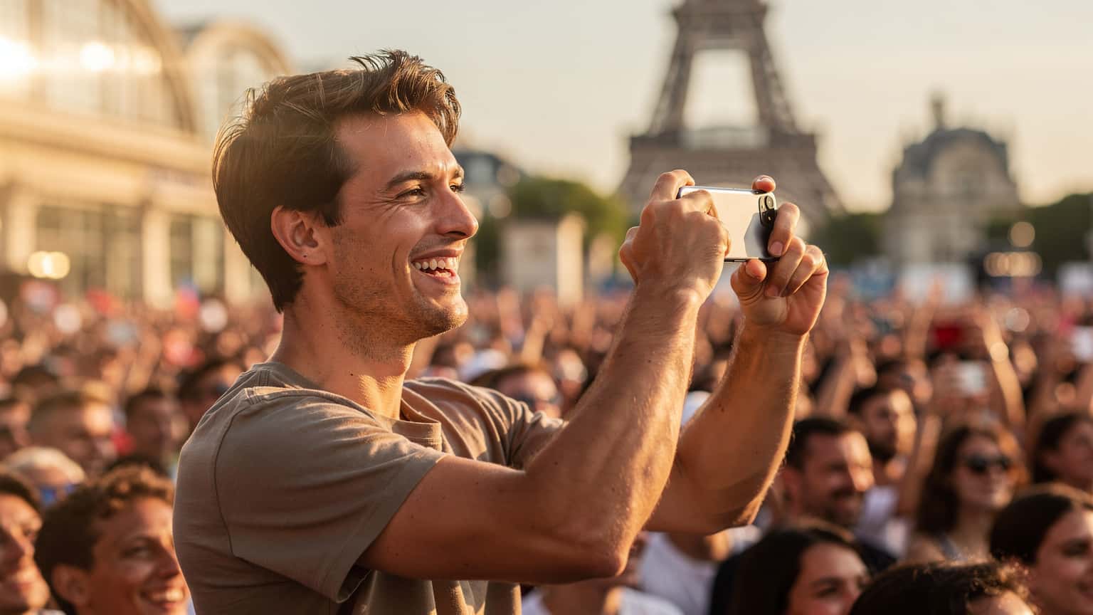 Une foule dense de spectateurs aux Jeux Olympiques de Paris 2026, avec un homme souriant au premier plan utilisant son smartphone pour prendre une photo, son visage illuminé par l'écran.