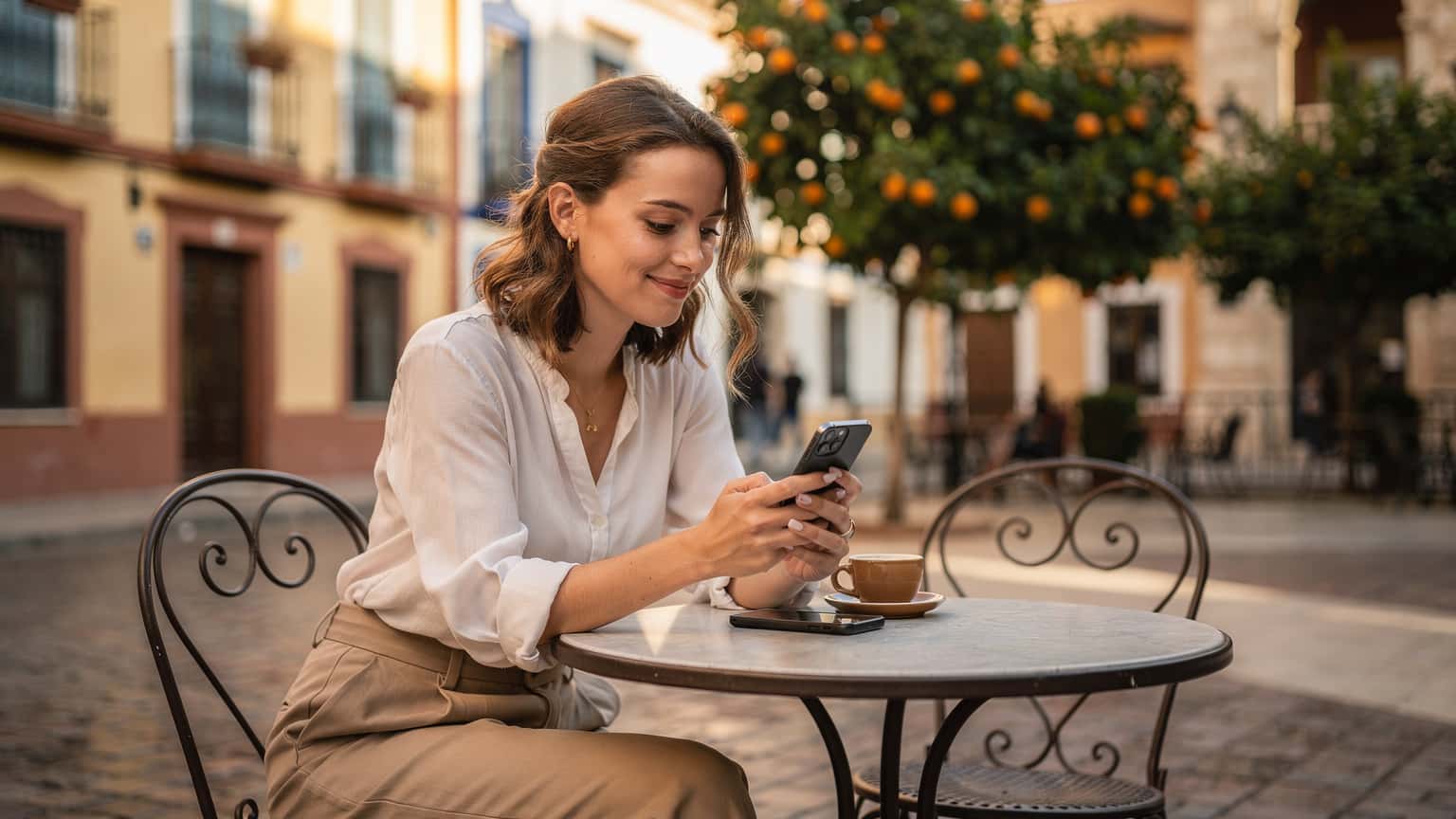 Une étudiante française souriante et détendue, assise à une table de café ensoleillée à Séville, utilisant son smartphone pour consulter une carte, avec un fond flou de bâtiments historiques colorés.
