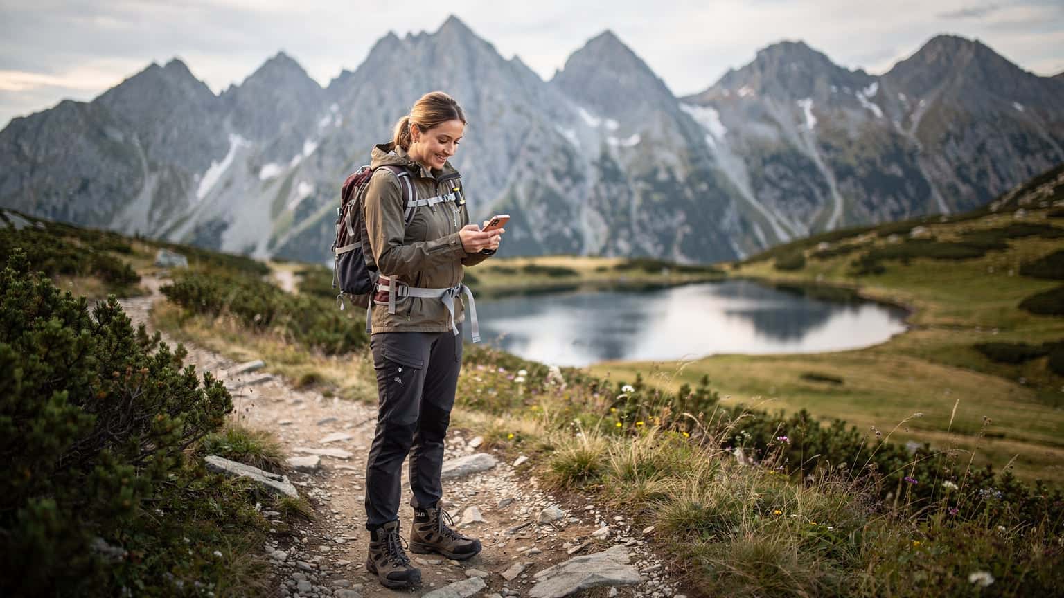 Česká turistka se usmívá a kontroluje mapu na svém telefonu v malebné krajině Vysokých Tater, za ní se tyčí majestátní hory a zelené údolí.
