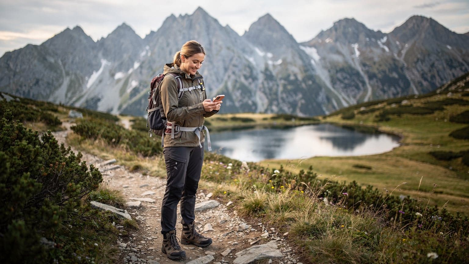 Česká turistka se usmívá a kontroluje mapu na svém telefonu v malebné krajině Vysokých Tater, za ní se tyčí majestátní hory a zelené údolí.