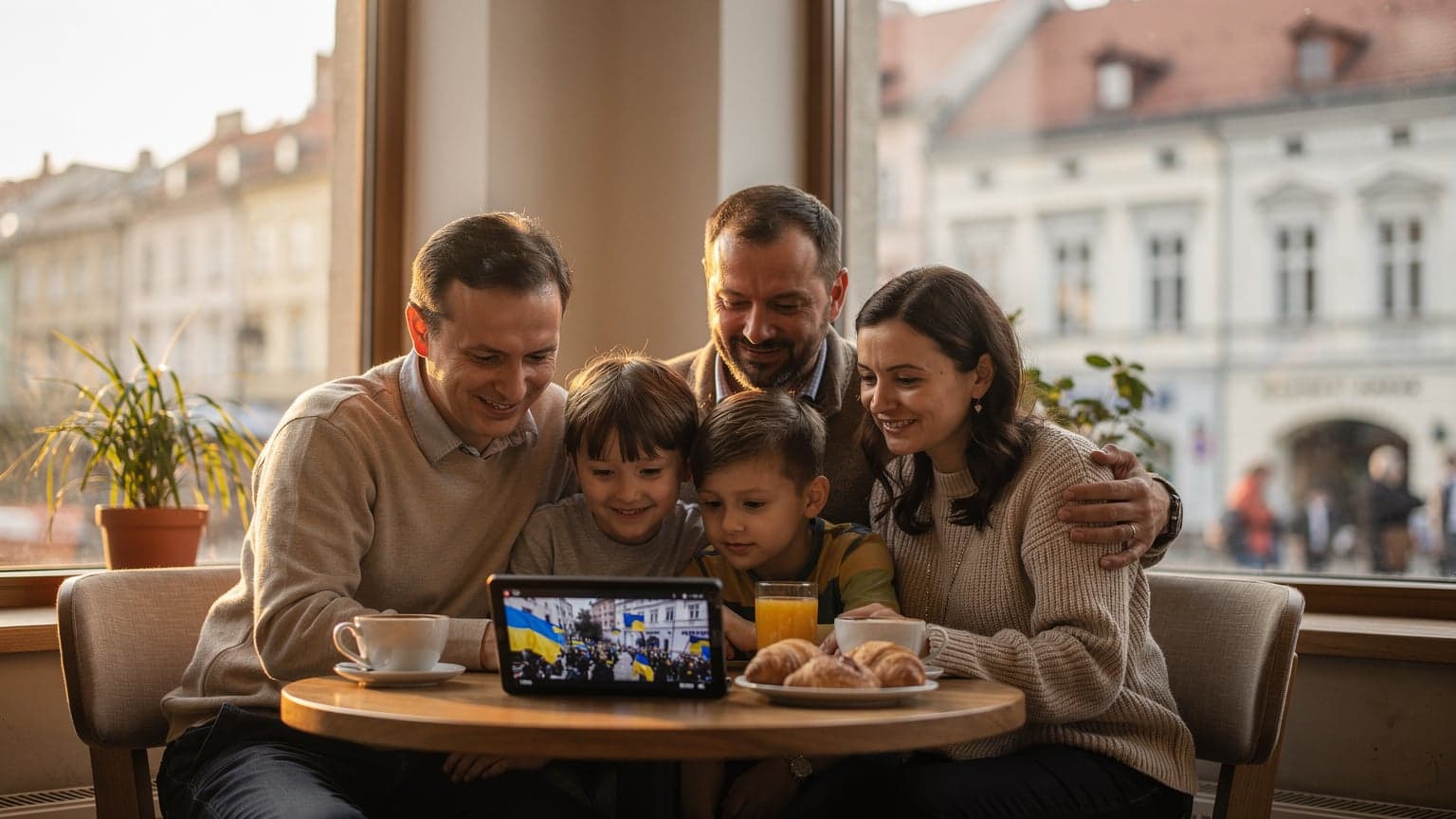 Українська родина святкує День Незалежності за кордоном, дивлячись на планшет з трансляцією параду, у затишному кафе у Варшаві, Польща.