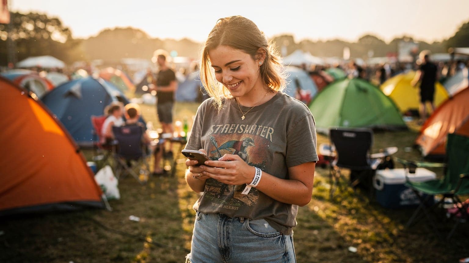 En ung kvinde med festivalarmbånd smiler, mens hun tjekker sin telefon på Roskilde Festivals campingområde, omgivet af telte og glade mennesker i varmt aftensolskin.