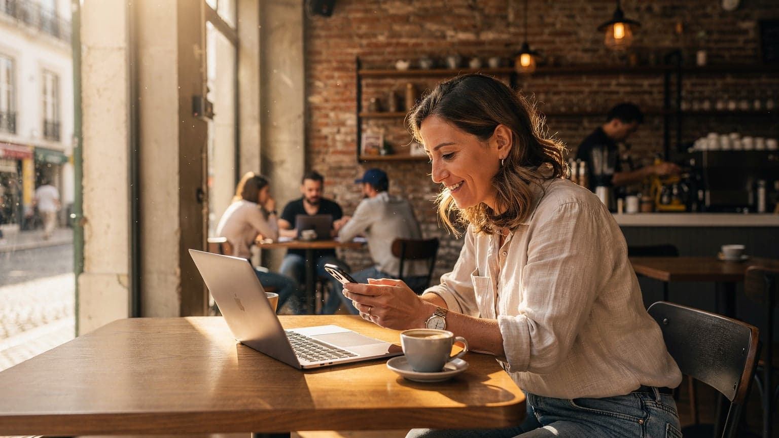 Une voyageuse expérimentée, assise dans un café branché de Lisbonne, le "Fábrica Coffee Roasters", consultante son smartphone avec une expression concentrée mais sereine, un café latte et un ordinateur portable à côté d'elle.