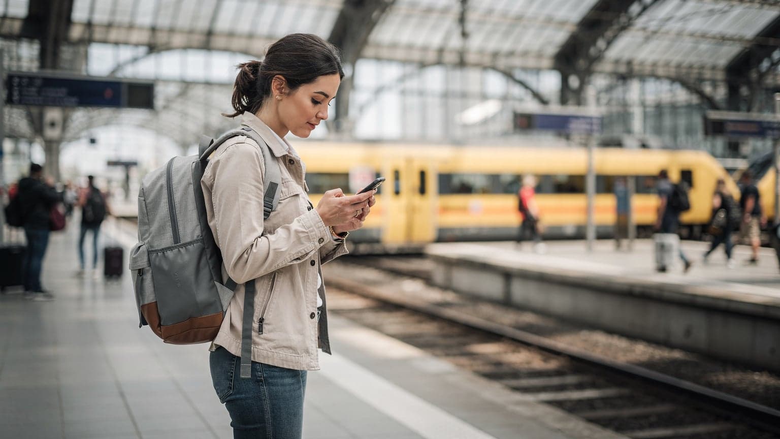 A young woman at a bustling train station in Berlin, Germany, looking at her smartphone with a focused expression, a T-Mobile logo subtly visible on the device, as she navigates her journey.