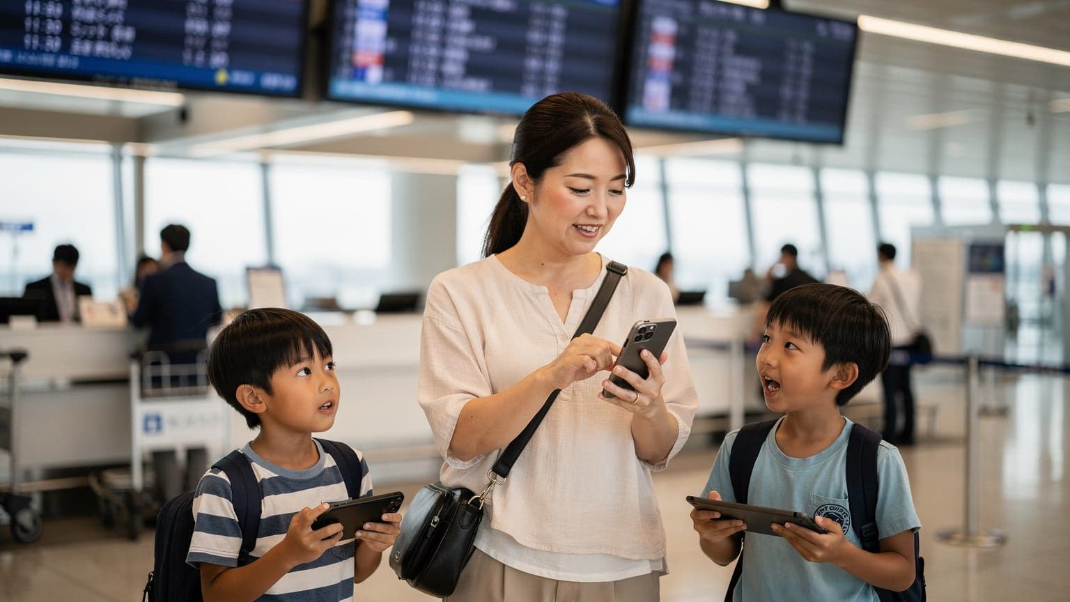 大阪の関西国際空港のチェックインカウンターで、家族がお盆休みの海外旅行に出発するため、iPhone 17を使ってeSIMの設定最終確認をしている様子。