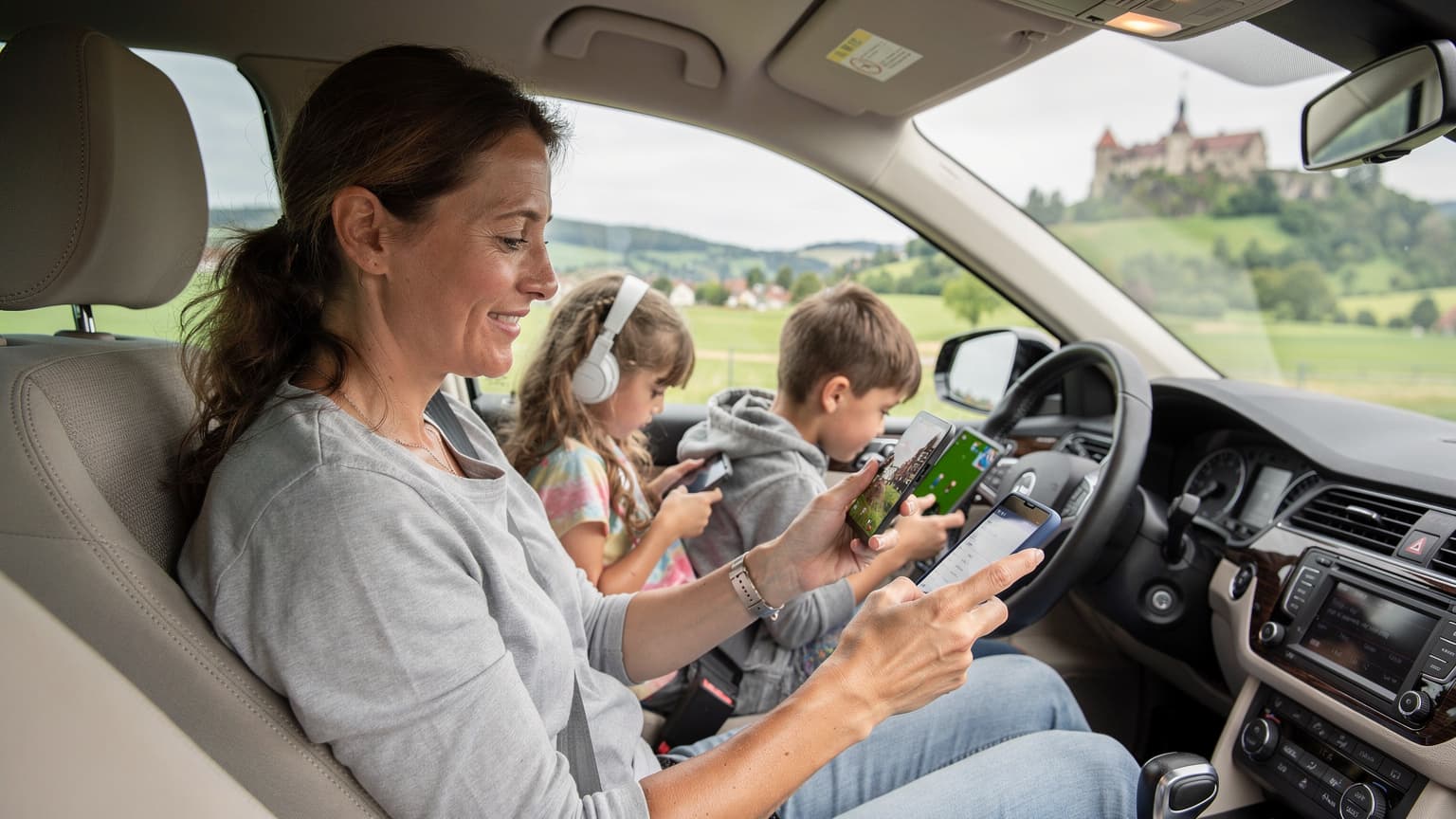 A mother calmly checking her smartphone for an eSIM number while her two children, aged around 7 and 10, are engrossed in their tablets in the back seat of a moving car during a family road trip through the German countryside.