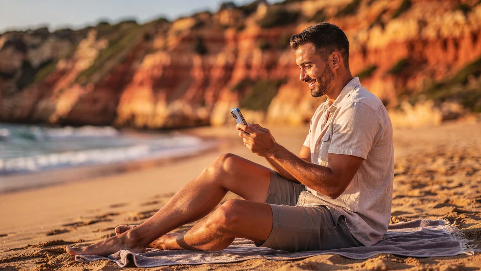 Um viajante sorridente usando seu iPhone 18 na Praia da Falésia, no Algarve, com o sol da tarde dourando a areia e as falésias avermelhadas ao fundo, enquanto ele verifica as redes sociais.
