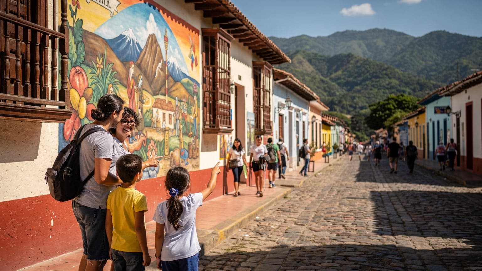 A family, including two children, standing near a vibrant, historic building in Mérida, Venezuela, with colourful street art and mountains in the background, enjoying a sunny day.